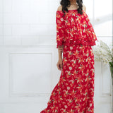 Red Printed Cape Dress With Side Slit