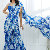 Blue Embroidered Printed Ruffle Saree
