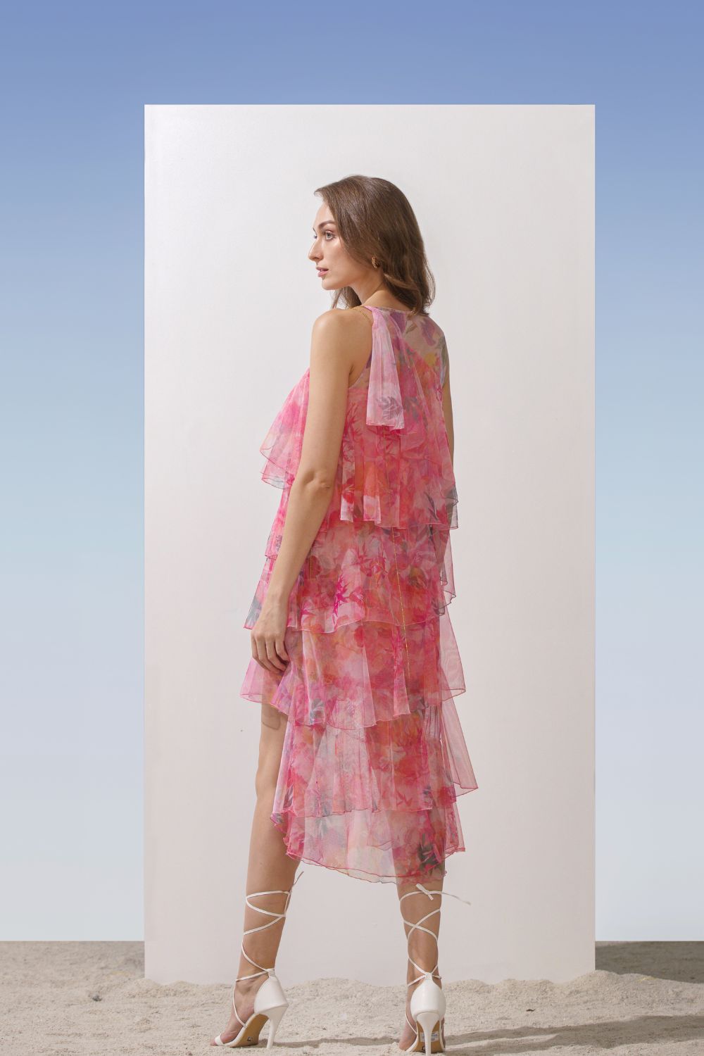 Pink net printed tiered dress #RTS