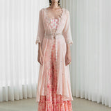 Jacket-sharara set with printed blouse