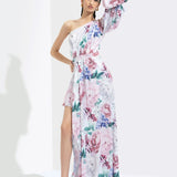 Iris Printed One Off Shoulder High Low Dress