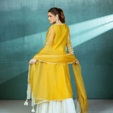 Mustard Chanderi Godet Kurta Sharara Set
