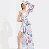 Iris Printed One Off Shoulder High Low Dress