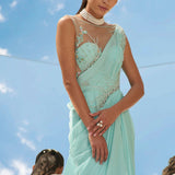 Aqua Embroidered Chiffon Drape Saree