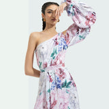 Iris Printed One Off Shoulder High Low Dress