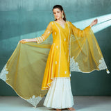 Mustard Chanderi Godet Kurta Sharara Set