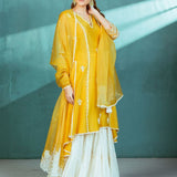 Mustard Chanderi Godet Kurta Sharara Set