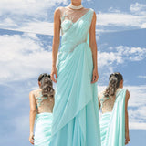 Aqua Embroidered Chiffon Drape Saree