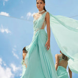 Aqua Embroidered Chiffon Drape Saree