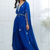 Blue Printed Blouse With Ombre Cape Set