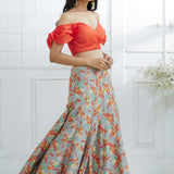 Orange Off Shoulder Printed Lehenga
