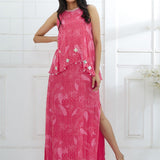 Fuchsia Printed Cape Dress With Side Slit