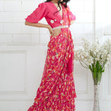 Fuchsia Embroidered Ruffle Saree Set