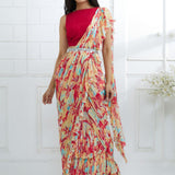 Red Embroidered Printed Ruffle Saree