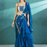 Blue Chiffon Draped Saree Set