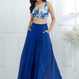 Blue Printed Blouse With Ombre Pleated Palazzo