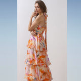 Chiffon orange printed halter tiered dress
