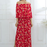 Red Printed Cape Dress With Side Slit