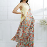 Pale Yellow and Grey Ruffle Saree