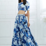 Blue Printed Embroidered Blouse And Lehenga