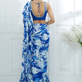 Blue Embroidered Printed Ruffle Saree