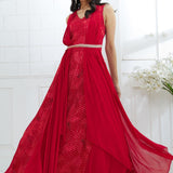 Red Printed Dress With Side Drape