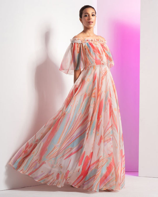 Floaty Marble Embroidered Off-shoulder Gown