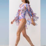 Spandex Blue Multi Printed Bodysuit With Cape