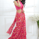 Fuchsia Embroidered Printed Ruffle Saree Set