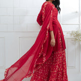 Red Embroidered Kurta And Sharara Set
