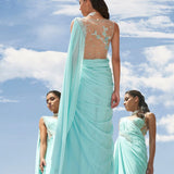Aqua Embroidered Chiffon Drape Saree
