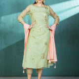 Mint Organza Foil Printed Kurta Pant Set