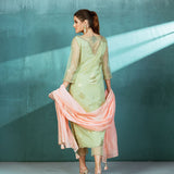 Mint Organza Foil Printed Kurta Pant Set