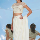 Ivory Beaded Chiffon Saree Set