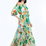 Cotton Lurex Printed Off Shoulder Long Dress