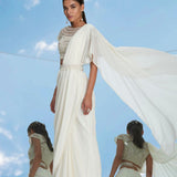 Ivory Beaded Chiffon Saree Set
