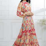 Multicolor Embroidered Top With Tiered Lehenga