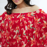 Red Printed Cape Dress With Side Slit