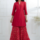Red Embroidered Kurta And Sharara Set