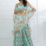 Aqua Embroidered  Printed Sharara Set