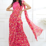 Fuchsia Embroidered Printed Ruffle Saree Set