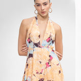 Mystic Beige Printed Halter Neck Dress
