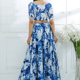 Blue Printed Embroidered Blouse And Lehenga