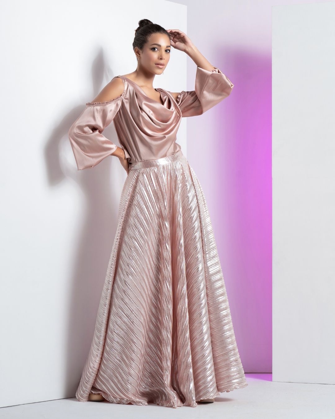 Rose Gold Top & Pleated Skirt Set