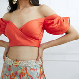 Orange Off Shoulder Printed Lehenga