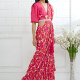 Fuchsia Embroidered Ruffle Saree Set
