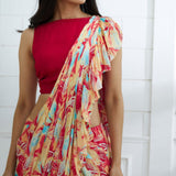 Red Embroidered Printed Ruffle Saree