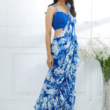 Blue Embroidered Printed Ruffle Saree