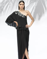 Black One Shoulder Top With Draped Skirt