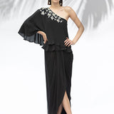 Black One Shoulder Top With Draped Skirt